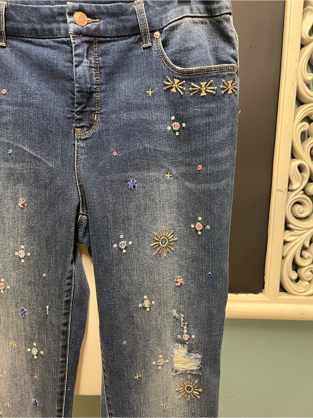Chico’s so slimming girlfriend ankle beaded and distressed straight leg - Picture 3 of 9